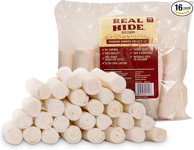 Real Hide | All Natural Dog Chew Treats - Premium Rawhide Rolls, 5-6 Inch - Long Lasting Grass Fed Free Range Beef Hide - Small/Medium Dogs - 16 Count