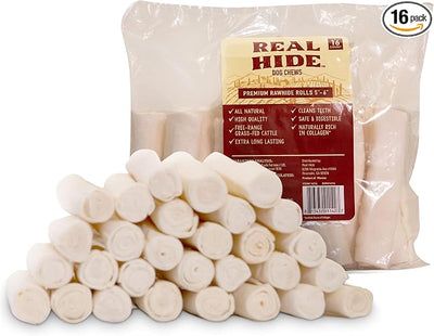 Real Hide | All Natural Dog Chew Treats - Premium Rawhide Rolls, 5-6 Inch - Long Lasting Grass Fed Free Range Beef Hide - Small/Medium Dogs - 16 Count