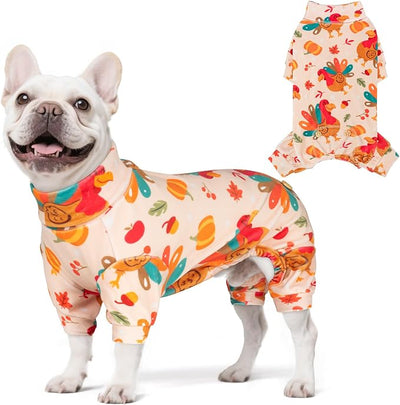 KYEESE Thanksgiving Dog Pajamas, Turtleneck Dog Pajamas for Small Dogs Boy Girl, Soft Velvet Turkey Print Pet Onesie with 4-Leg Design, Stretchy Jammies Cozy Holiday Pjs, Medium