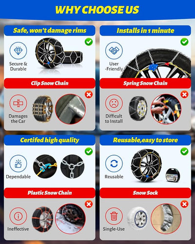Auto Tightening Snow Chains Tire Chains For Cars Suv Pickup Trucks - Auto Tightening 1 Min Quick Fit AND Easy Installation, Reusable Universal Emergency Traction Snow Chains - Set of 2（HKN120）