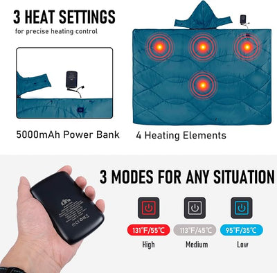 iClimb Heated Camping Blanket with Hood and 5V 5000mAH Battery Pack (Blue)