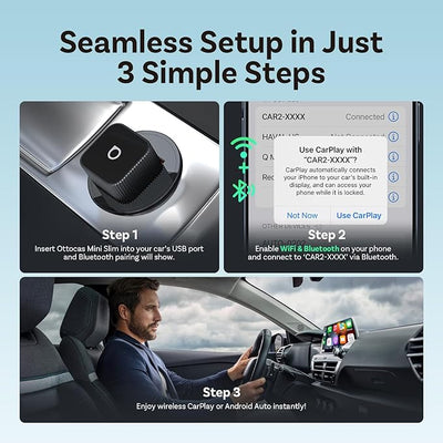 OTTOCAST Mini Slim, 2026 Upgrade 2in1 Wireless CarPlay & Android Auto Adapter, Plug & Play, WLAN Dual-Band 2.4G+5G, Auto Reconnect, Compatible with After 2016 Cars with Wired CarPlay/Android Auto