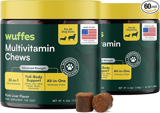 23-in-1 Dog Multivitamin Soft Chews Skin & Coat, Immune + Gut Health Support - Vitamins & Minerals with Omega-3, Iron & Zinc for Puppies & Senior Dogs, 60 Ct