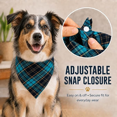 Dual Layer Green Plaid Dog Bandana with Button, Soft Cotton Triangle Reversible Triangle Scarf Winter Classic Holiday Accessories for Boy and Girl Accessories for Large Dog