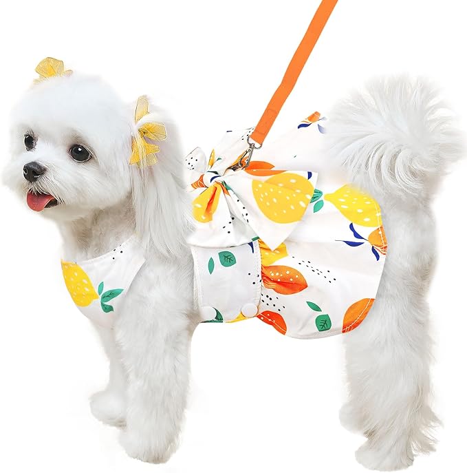 ABRRLO Cute Dog Dress Small Dog Clothes for Girls Female Puppy Outfits Yellow Lemon Pet Summer Clothes Bowknot Doggy Cat Princess Dress Harness for Holiday Birthday Party Costume Clothing (Yellow,XL)