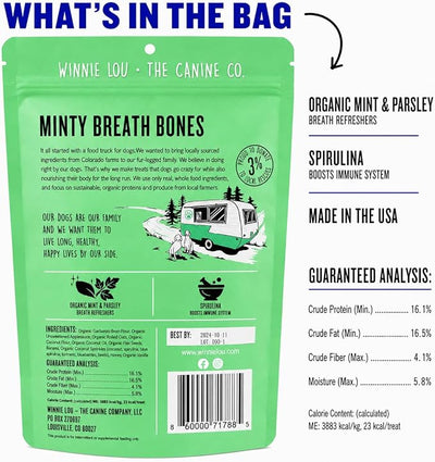 Winnie Lou Organic Dog Treats – Natural Dog Biscuits, USA Made, Organic Ingredients, Clean, Sensative Stomach, All Breed Sizes, High Protein, Hypoallergenic, Minty Breath Bones (Pack of 2)