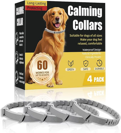 Calming Collar for Dogs 4 Packs, Effectively Relieves Anxiety from Noise, Separation, New Environment, Fireworks, Adjustable 25” Flexible, Lasts 60 Days, Grey, Suitable for All Dog Sizes & Ages
