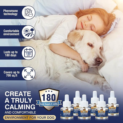 Dog Calming Diffuser Refills 6 Pack Pheromone Appeasing Pet Pheromones Refill 48ml to Calm for Anxiety Relief Reduce Aggression Stress Fighting Barking Fit Common Diffusers Plug in 180 Day(Tasteless)