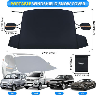 SYOURSELF Windshield Cover for Ice and Snow, 600D Oxford Windshield Snow Cover with Side Mirror Covers Magnetic Car Cover for Snow Frost Winter Windshield Covers Fits Car Truck Van SUV (77x 47 Inches)