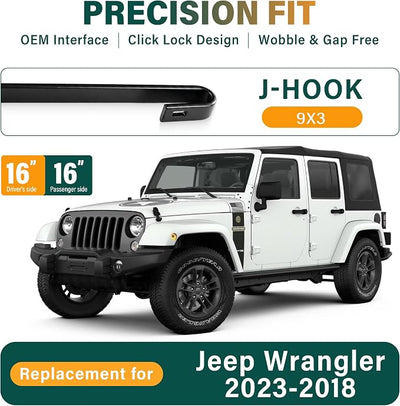 Windshield Wiper Blades Replacement for Jeep Wrangler JL 2018 2019 2020 2021 20222 2023 Original Factory Quality Front Rear Wiper Blade Set - 16" 16" 12" (Set of 3)