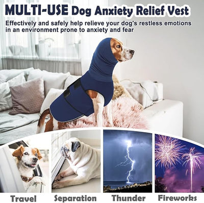 KOESON Reflective Dog Thunder Jacket Anxiety Calming Vest, Adjustable Dog Calming Hoodie with Ear Wrap, Breathable Dog Anti-Anxiety Vest for Thunder, Fireworks, Travel, Separation, Navy Blue L