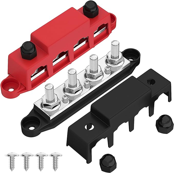 Bus Bar 12V 250A Power Distribution Block 4 x 3/8" Studs Marine Bus Bar 12 Volt Battery Busbar Terminal Block for Automotive, Car, Boat, Solar Wiring - Negative&Positive