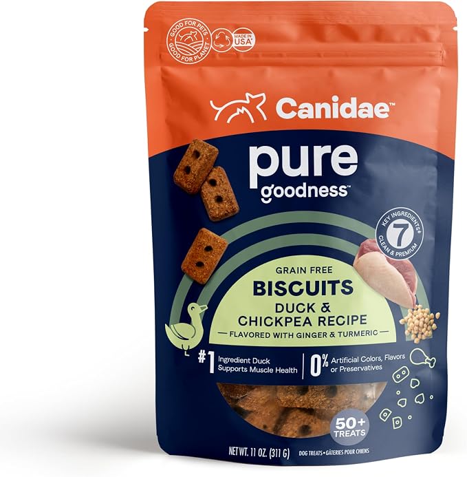 Pure Dog Treat Biscuits - Healthy & Nutrient Rich Dog Treats - Grain-Free Limited Ingredient Formula - Soy-Free - Crunchy Texture - Easy-Snap Design - 11 oz - Duck & Chickpea Recipe
