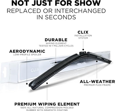 ClixWipers 18" + 16" (Set of 2) Black Carbon Fiber All Weather Premium Automotive Replacement Windshield Wiper Blades, Passenger and Driver Side Winter Wiper Blades for Various Car Models