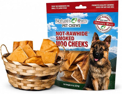 Nature's Own Not-Rawhide Moo Cheeks Dog Chews 8 oz | Made in USA | Natural Digestible Smoked Beef Cheek Treats for Aggressive Chewers Long Lasting Dental Chips (Pack of 2)