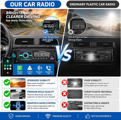 Single Din Radio Car Stereo Bluetooth,Radio Head Unit with FM/Dual USB/AUX/TF/EQ/MP3/RCA,12V Bluetooth Car Stereo Support Hands Free Calling,Clock Display,iOS & Android App Control,No CD(Black)