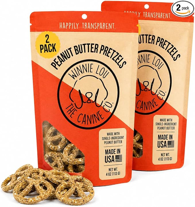 Winnie Lou Organic Dog Treats – Natural Dog Biscuits, USA Made, Organic Ingredients, Clean, Sensative Stomach, All Breed Sizes, High Protein, Hypoallergenic, Peanut Butter Pretzels (Pack of 2)