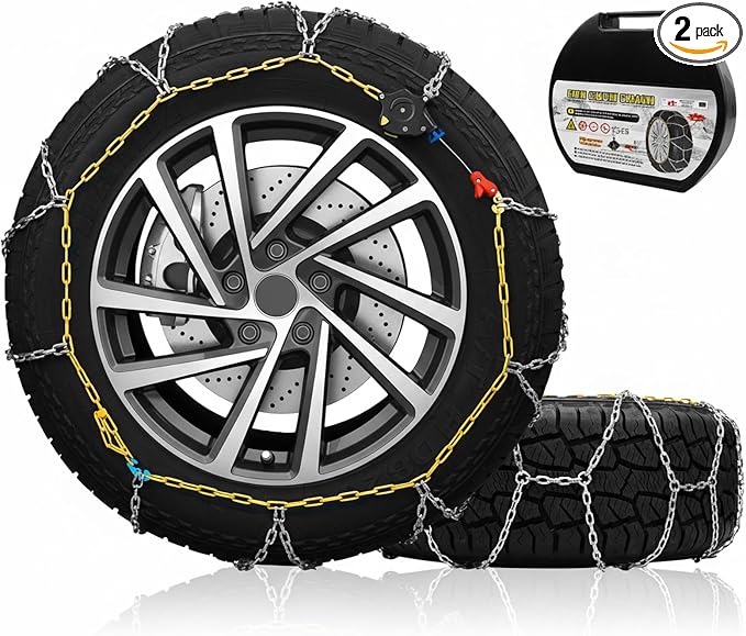 Auto Tightening Snow Chains for Car, SUV & Pickup Trucks – 1-Min Quick Install, Reusable Emergency Tire Chains for Snow & Ice Traction – Set of 2 (HKN100)