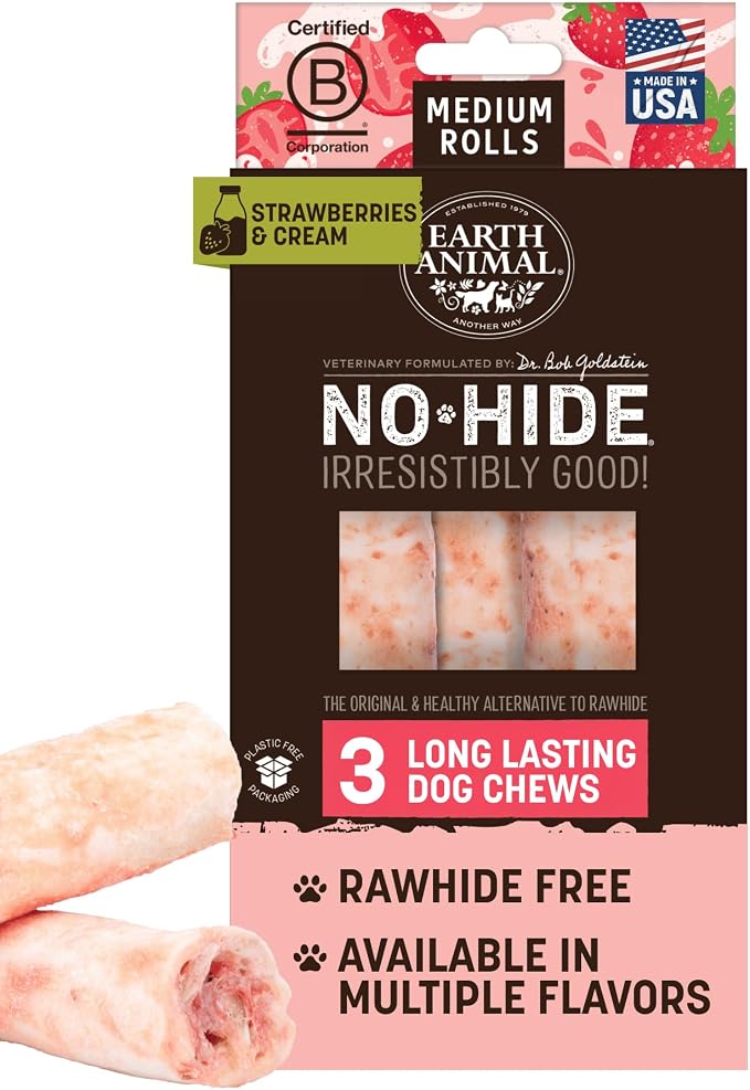 No-Hide Rolls Strawberries & Cream Vegetarian Recipe Medium Natural Rawhide Alternative Dog Chews, 3 Pack Value Pack