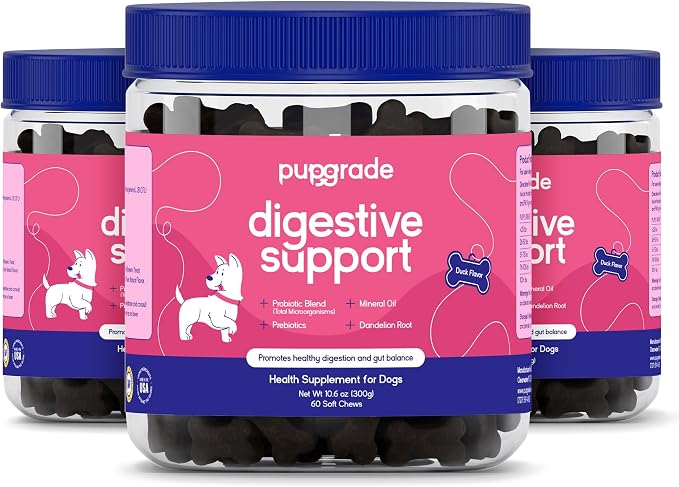 PupGrade Digestive Support for Dogs - Prebiotic + Probiotic Supplement with Enzyme Blend - Gut and Immune Support - Pumpkin, Blueberry, Mineral Oil, Duck Flavor - 180 Soft Chews