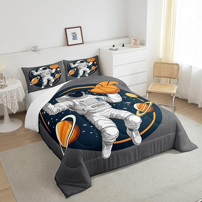 Erosebridal Boys Astronaut Bedding Set Twin Size, Kids Outer Space Comforter Set for Bedroom, Galaxy Solar System Quilted Duvet for Children Girls Teens, Starry Sky Down Comforter, Gray White