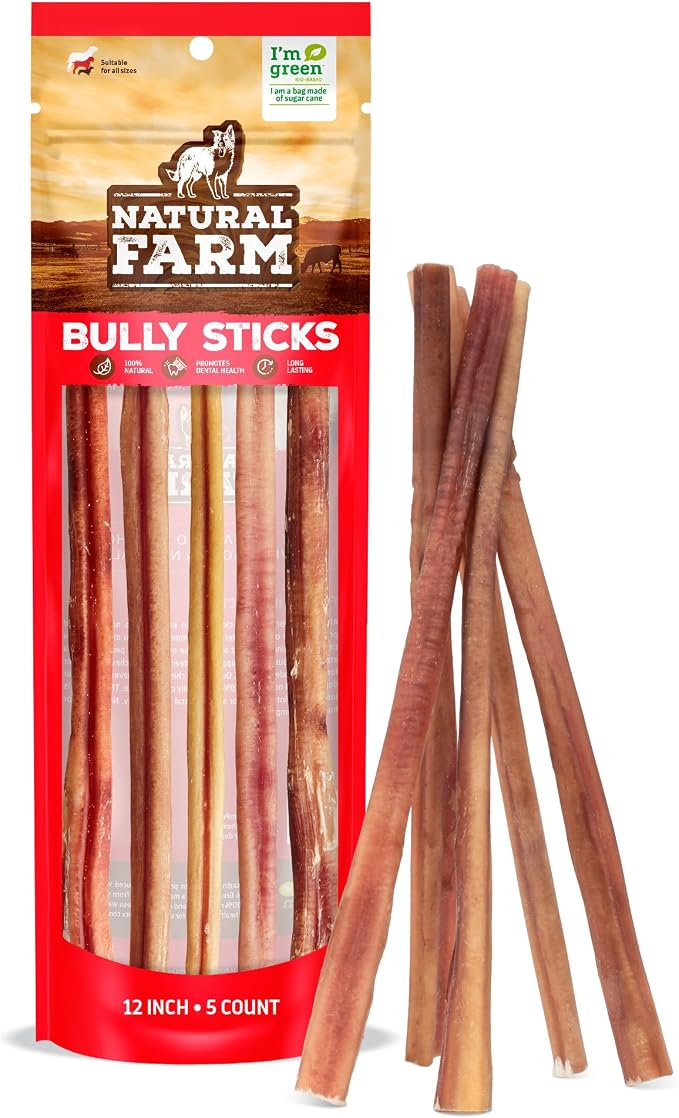 Bully Sticks, Odor-Free (12 Inch, 5 Count), 100% Beef Chews, Grass-Fed, Non-GMO, Fully Digestible Dental Treats to Keep Your Large, Medium and Small Dogs Busy and Happy. Single Ingredient