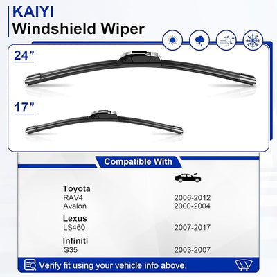 KAIYI 24" + 17" Windshield Wipers Compatible with Toyota RAV4 2006-2012,Avalon 2000-2004,Lexus LS460 2007-2017,Infiniti G35 2003-2007 Premium Automotive Replacement Windshield Wiper Blades 2 Pack