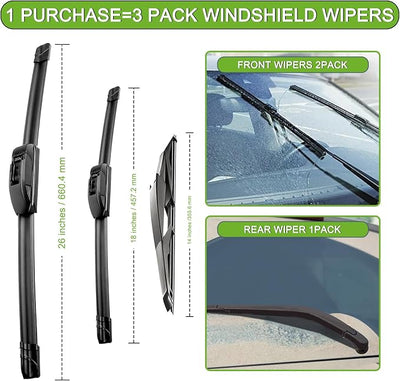PARRATI® Windshield Wiper Blades for Jeep Cherokee 2014-2023, 3 Pack | 26/18 Inch Front +14 Inch Rear, OEM Replacement, Ultra Quiet, No Streaks All Weather Wiping