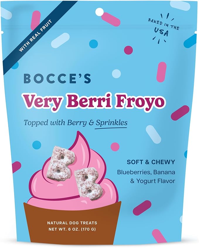 Bocce's Bakery Very Berri Froyo Dog Treats – Natural, Wheat-Free Soft & Chewy Cookies Made with Real Ingredients – Baked in The USA and Topped with Berries & Sprinkles, 6oz