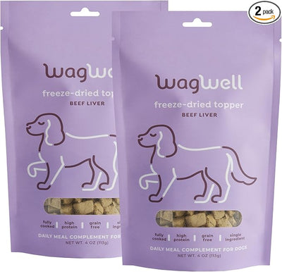 WagWell Freeze-Dried Dog Food Topper, Beef Liver Flavor | Training Treats, Food Topper, Healthy Snack for Dogs | Human Grade, Grain Free, High Protein | Made in USA | 4 oz Bag, 2 Pack