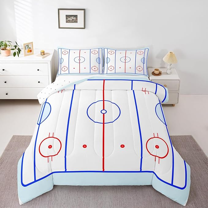 Erosebridal Teens Hockey Comforter Set, Kids Boys Ice Hockey Field in Blue Tones and Red Graphic Outline for Sport Events Down Comforter, Decorative 3 Piece Bedding Set with 2 Pillow Cases, King Size