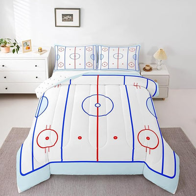 Erosebridal Teens Hockey Comforter Set, Kids Boys Ice Hockey Field In Blue Tones And Red Graphic Outline for Sport Events Down Comforter, Decorative 3 Piece Bedding Set with 2 Pillow Cases, Queen Size