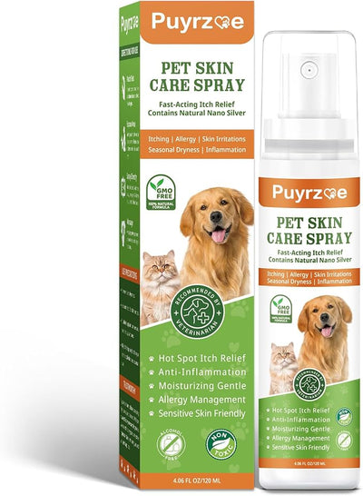 puyrzoe Itch Relief & Hot Spot Spray Treatment for Dogs & Cats - Natural Extract Formula for Anti Itch, Allergy Relief, Stop Scratching, Lickable, Wound Care Spray for All Animals (4.06 Fl Oz)