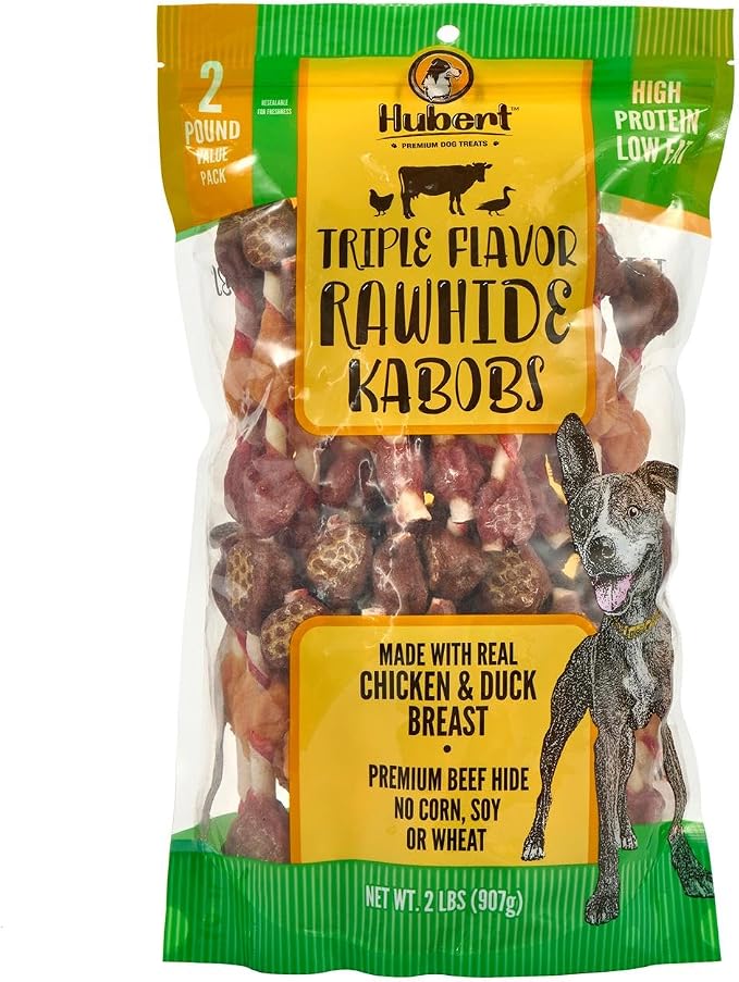 Pet Triple Flavored Rawhide Kabobs, Chicken, Duck & Pork Hide Dog Chews, All Natural Treats for All Dog Sizes, 2 Pound Resealable Bag