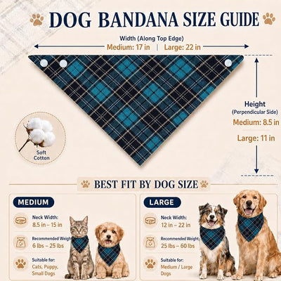 Green Plaid Dog Bandana with Button, Dual Layer Scarf Soft Cotton Triangle Girls and Boys Kerchief Adjustable Winter Holiday Accessories for Small Medium Dog Puppy Pet Cat(Medium)