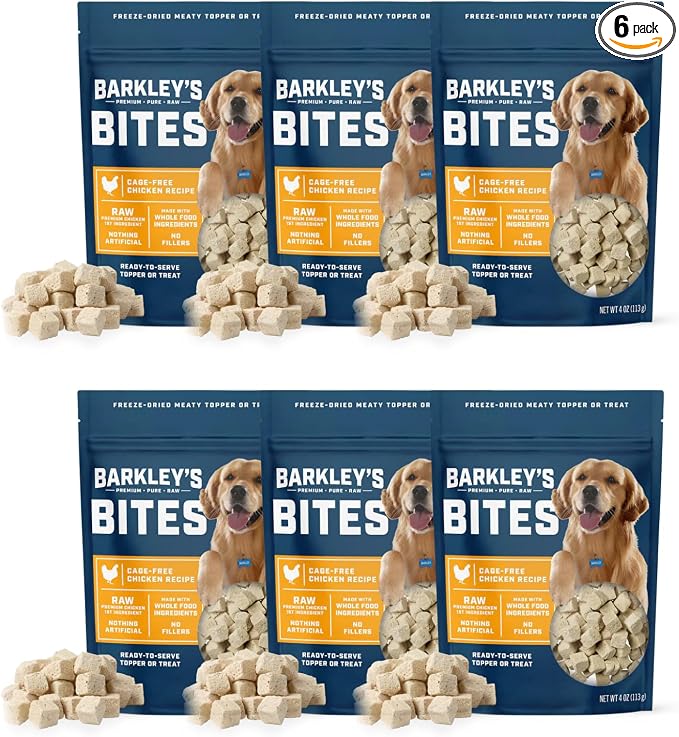 Barkley’s Bag Chicken Bites, Freeze Dried Dog Treats & Food Topper, Made with Chicken and Brown Rice, Small Bite-Sized Pieces for Training Rewards, for All Dog Breeds, Ages & Sizes, 4 Oz Bag (6 Pack)