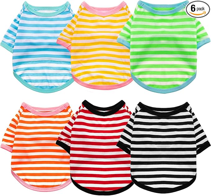 Geyoga 6 Pieces Dog T-Shirt Striped Cotton Breathable Spring Summer Pet Apparel Colorful Soft Puppy Sweatshirt Clothes for Small to Medium Dogs Puppy(Light Color,L)