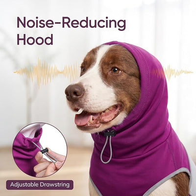 Dog Thunder Vest, Anxiety Relief Shirt with Noise-Reducing Hood, Calming Wrap, Gentle Compression Jacket for Thunder Storm, Fireworks Separation Stress, Fireworks,L, Purple