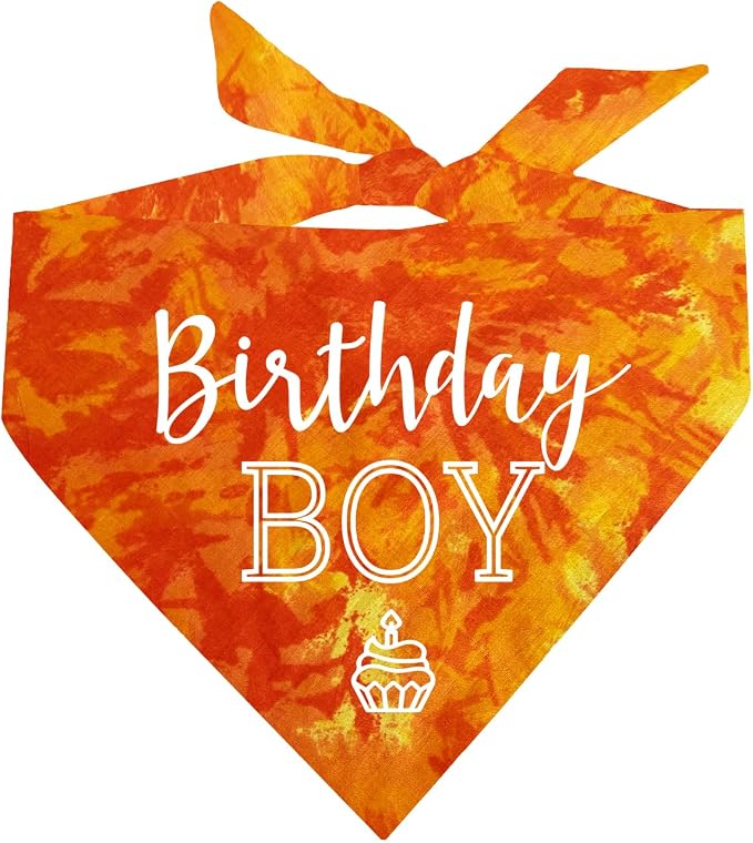 Birthday Boy with Cupcake Dog Bandana | 100% Cotton Tie Dye | Made in USA | Birthday | Pawty | Party Theme | Celebration Supplies | Photoshoot | One Size | Orange Scrunch (214)