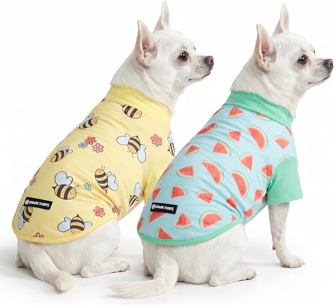 Spark Paws Sunblock Dog T-Shirt, SPF30 Protection, Lightweight Breathable Quick Dry for Dogs with Sensitive Skin - Bees & Watermelon (Set of 2) - Size S