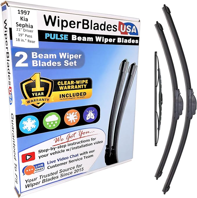 WiperBladesUSA Wiper Blades Set w/ 1yr warranty compatible with Kia Sephia 1997 Wipers (Set of 3) w/Rear Wiper Pulse Wipers