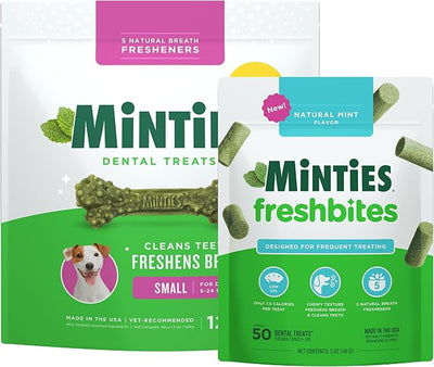 Minties Tiny/Small Dental Dog Treats, 5-25 lbs, 120 Count + Minties FreshBites Soft and Chewy Dental Treats, 50 Count