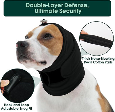 Kuoser Dog Noise Canceling Ear Wrap, Anxiety Relief Calming Hoodie, Black L | Thick padded double-Layer with dual noise canceling technology, Anti-slip hook & loop fastener, Fireworks Grooming Vet-visit