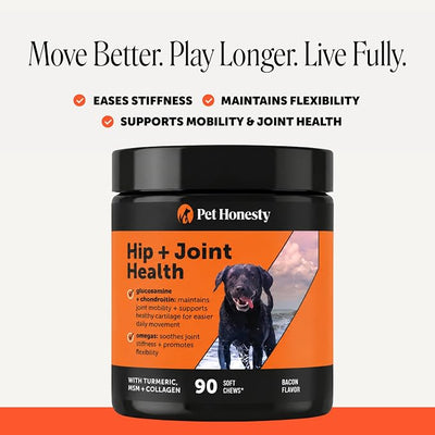 Hip + Joint Supplement for Dogs with Glucosamine Chondroitin - MSM, Turmeric & Collagen Soft Chews - Joint Function, Stiffness, and Mobility Support, May Reduce Occasional Discomfort (Bacon, 90 Ct)