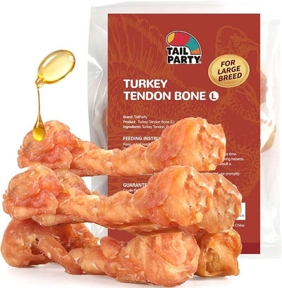 TailParty Turkey Tendons for Dogs with Fish Oil & Taurine (Bone, L, 8 oz), All Natural Dental Chews & Training Treats for Large Dogs, Long Lasting Snack for Health-Conscious Pet Owners