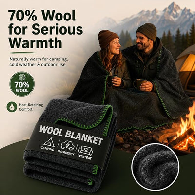 Wool Camping Blanket - 70% Wool Heavy-Duty Military Style Throw, Warm & Washable, Fire Retardant Cover for Emergency, Survival & Outdoor Use - Perfect for Camping, Car, Home & Hiking, Grey 62x84