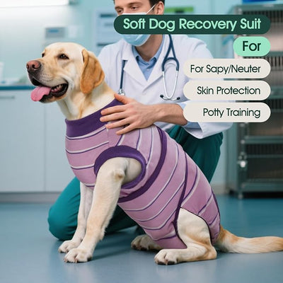 Kuoser Dog Surgery Recovery Suit, Soft Breathable Dog Recovery Suit for Female Spay Male Nueuter, Anti Licking Puppy Onesie Pet Surgical Suit for Dogs Abdominal Wounds Skin Disease, Purple Strips S