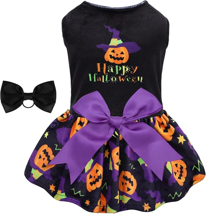 CuteBone Halloween Dog Dresses Velvet Holiday Small Dogs Clothes Onesie Pet Apparel Girl Puppy Skirt with Bow Hair Rope