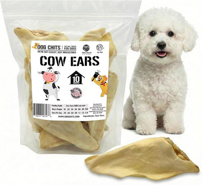 Dog Chits Cow Ears for Dogs – All Natural Cow Ear Dog Treats & Training Chews – High Protein, Low Fat – Thick Cut, Full-Sized – Dental Clean Crunch – Ideal for Medium & Large Dogs – Large, 10 Pk