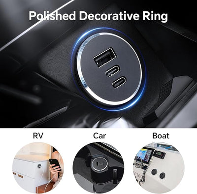 78W 3-Port 12V USB Outlet,Dual 30W PD3.0 Type-C + 18W QC3.0 USB-A Car Charger, Aluminum RV USB Power Socket with Silver Ring, Cigarette Lighter Replacement for Boat Truck Marine Car (2Pcs) | multi-layer safety protection heat dissipation use glare-free...